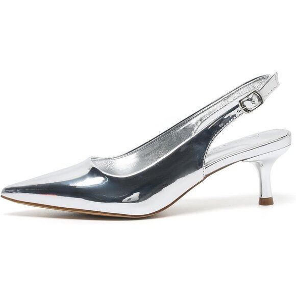 Amoji Women Silver-pu Polyurethane Low Kitten Heel Slingback Pointed Toe Sandals - Picture 2 of 9